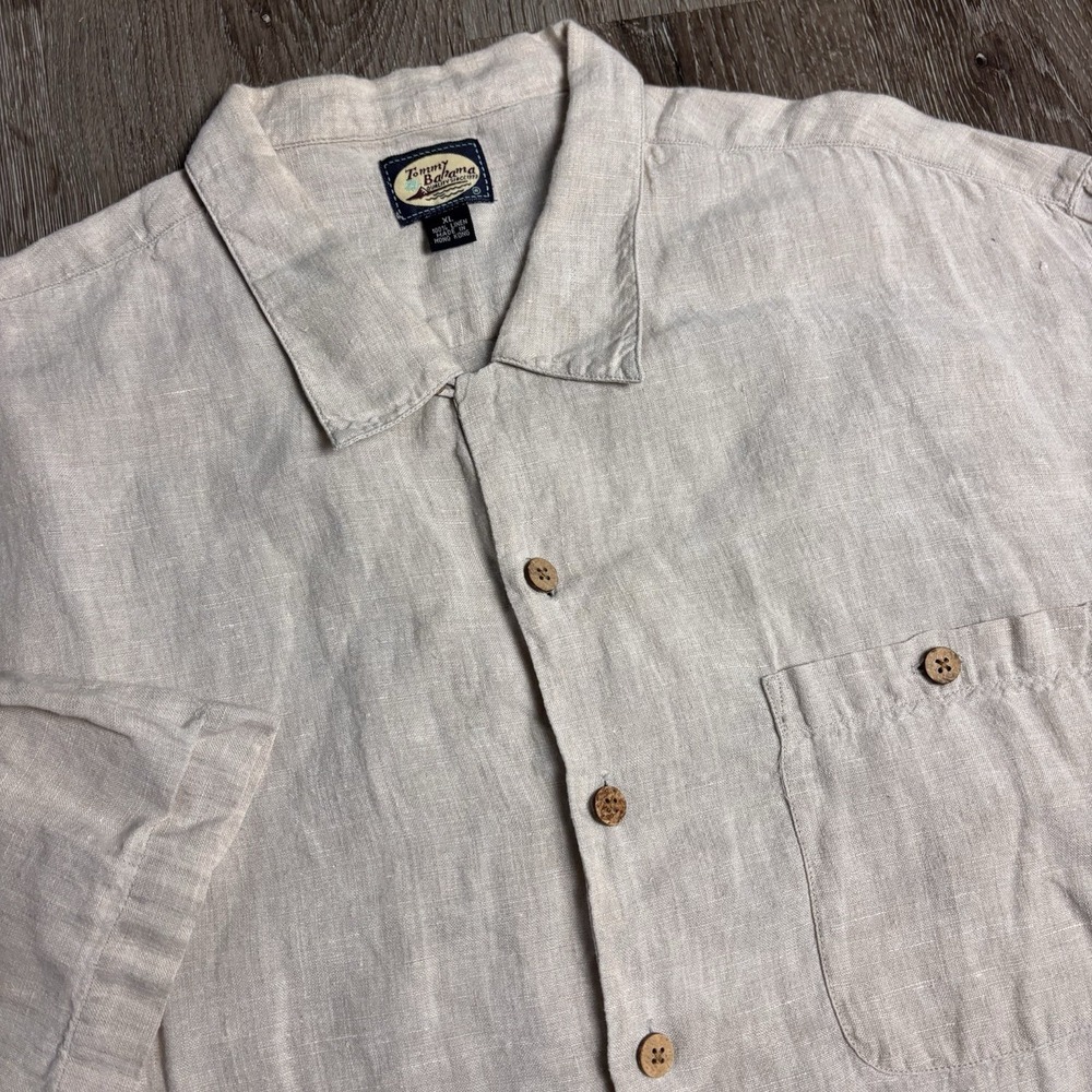 Tommy Bahama‎ XL Vintage 90's Linen Beige Pocket Button Down Camp Shirt